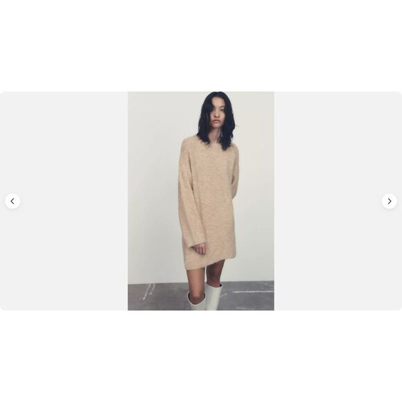 Tan Beige Zara Textured Boucle Crew Neck Oversized Pullover Tunic Sweater (NWT) - Picture 2 of 9